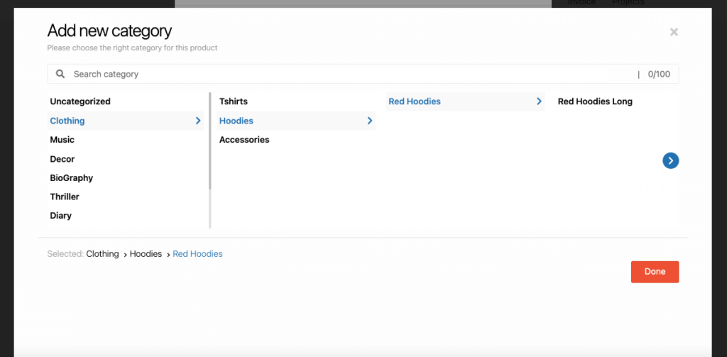 This image shows the product category list