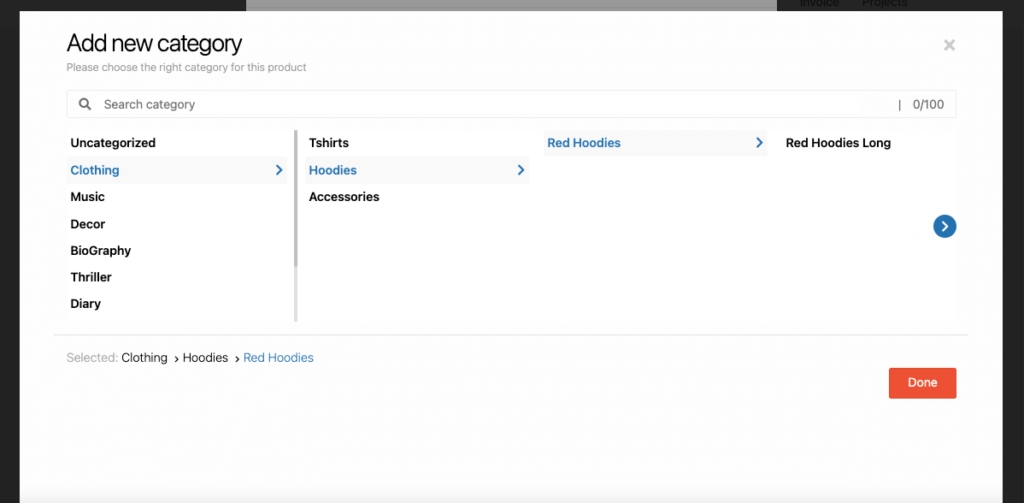 This image shows the product category list