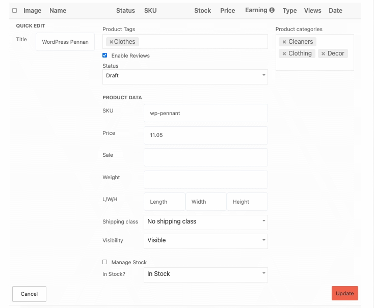 This image shows dokan quick edit option