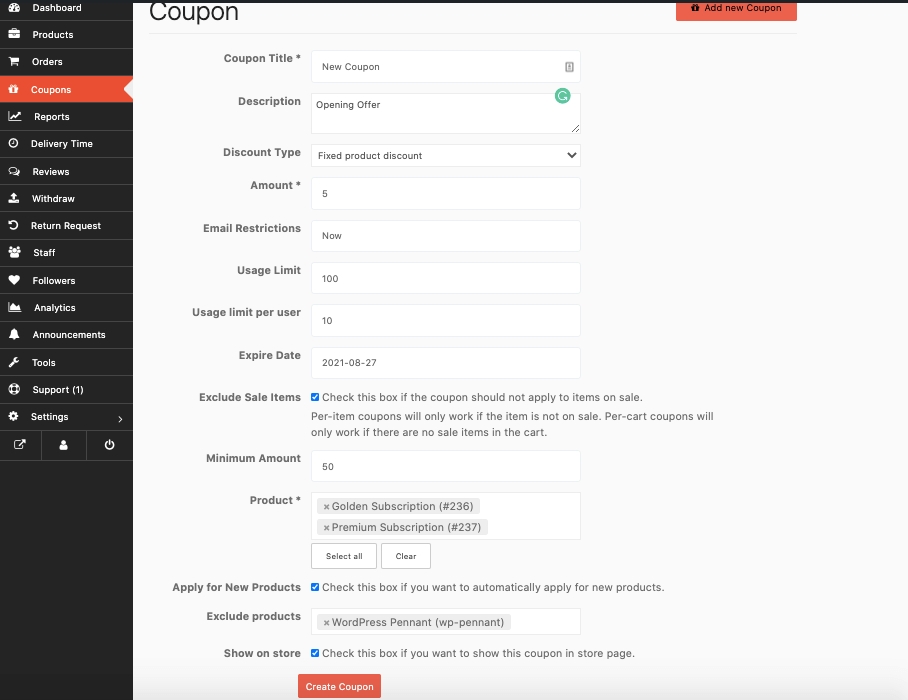 This image shows how to add a new coupon using Dokan plugin