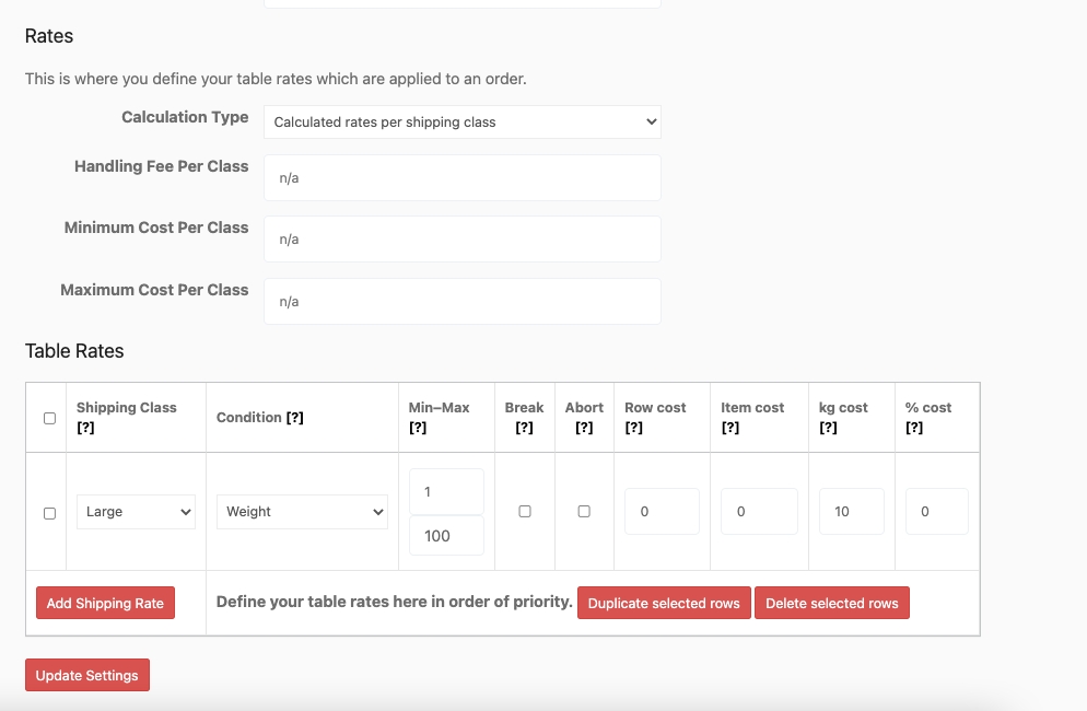 this is a screenshot ofper shipping class