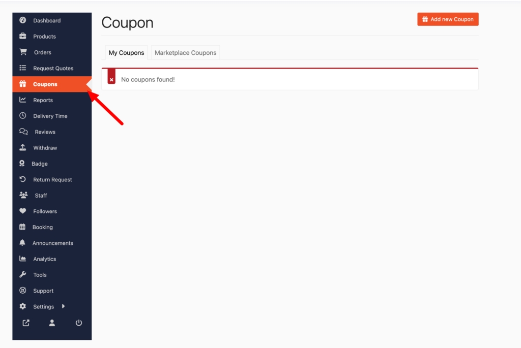 This is a screenshot of coupon section in vendor dashboard